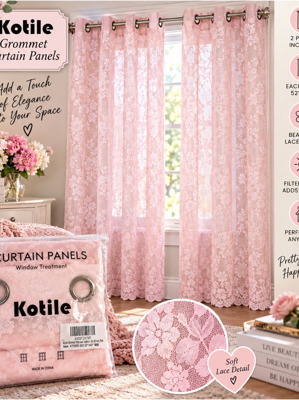 Pink Lace Grommet Curtain Panels